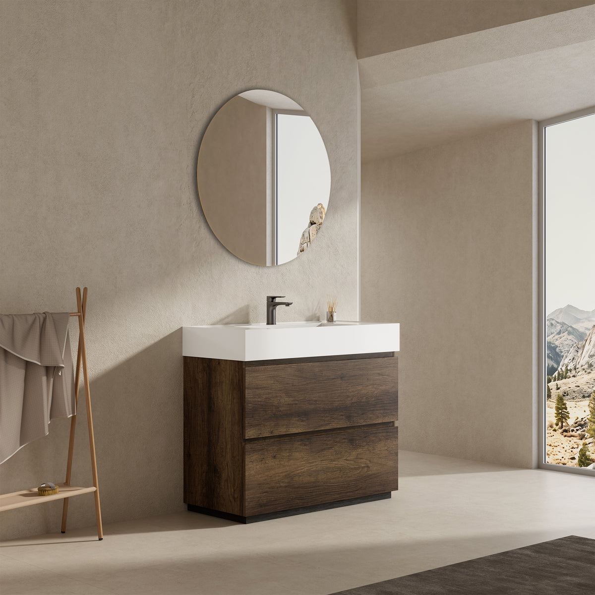 Mobile bagno a Terra 80 cm Bruno Scuro Lavabo in Resina Specchio Tondo - Nube Wood