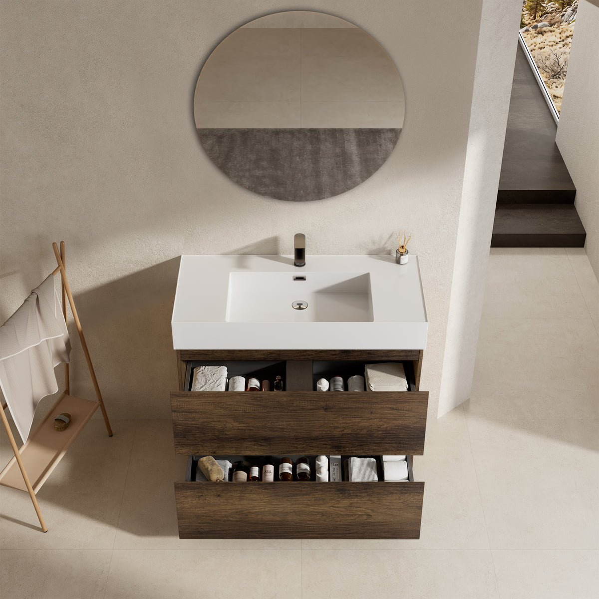 Mobile bagno a Terra 80 cm Bruno Scuro Lavabo in Resina Specchio Tondo - Nube Wood