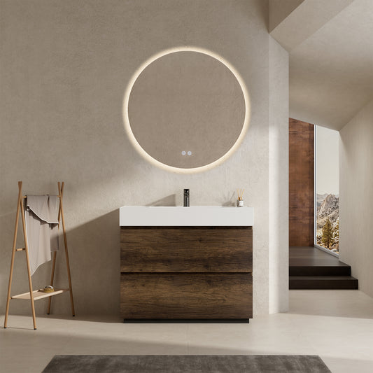 Mobile bagno a Terra 100 cm Bruno Scuro Lavabo in Resina Specchio Quadro - Nube Wood