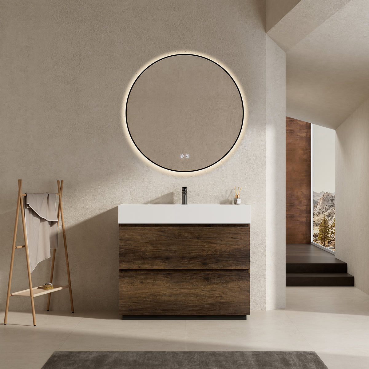Mobile bagno a Terra 100 cm Bruno Scuro Lavabo in Resina Specchio Tondo Retroilluminato Profilo Nero - Nube Wood