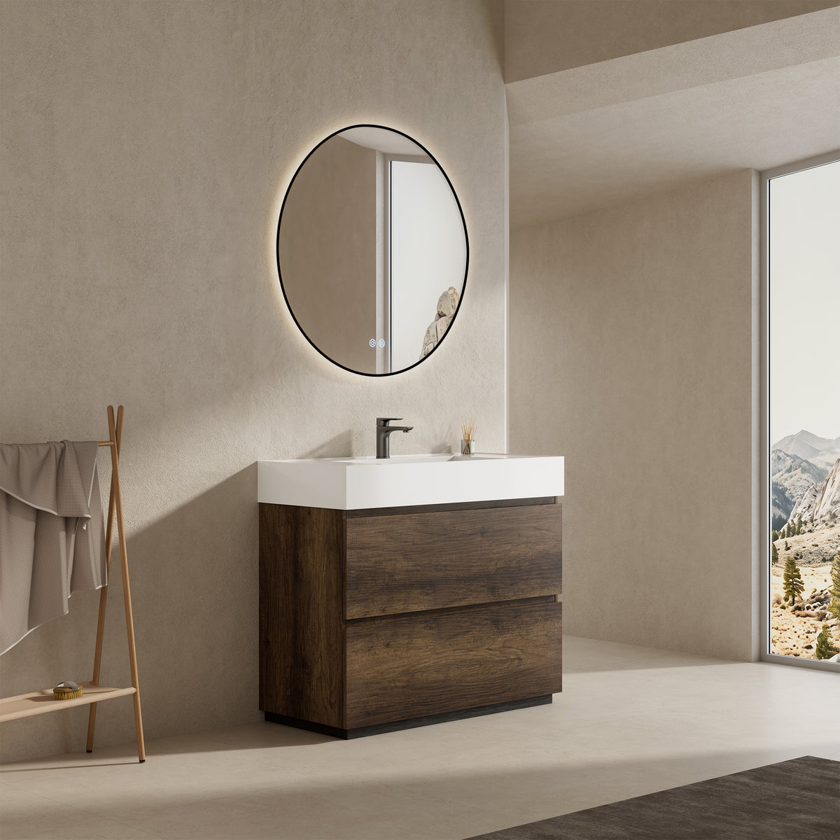 Mobile bagno a Terra 100 cm Bruno Scuro Lavabo in Resina Specchio Tondo Retroilluminato Profilo Nero - Nube Wood