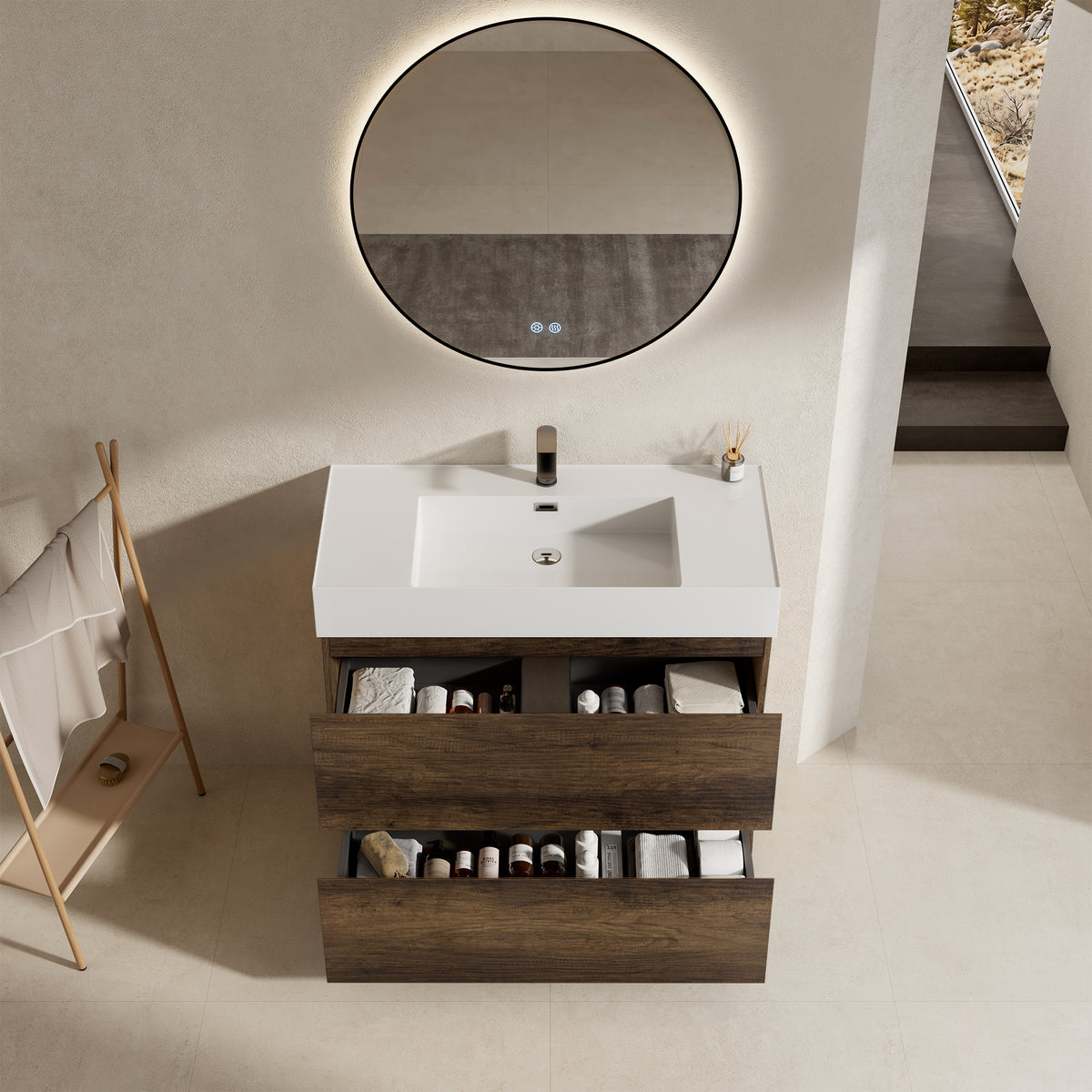 Mobile bagno a Terra 100 cm Bruno Scuro Lavabo in Resina Specchio Tondo Retroilluminato Profilo Nero - Nube Wood