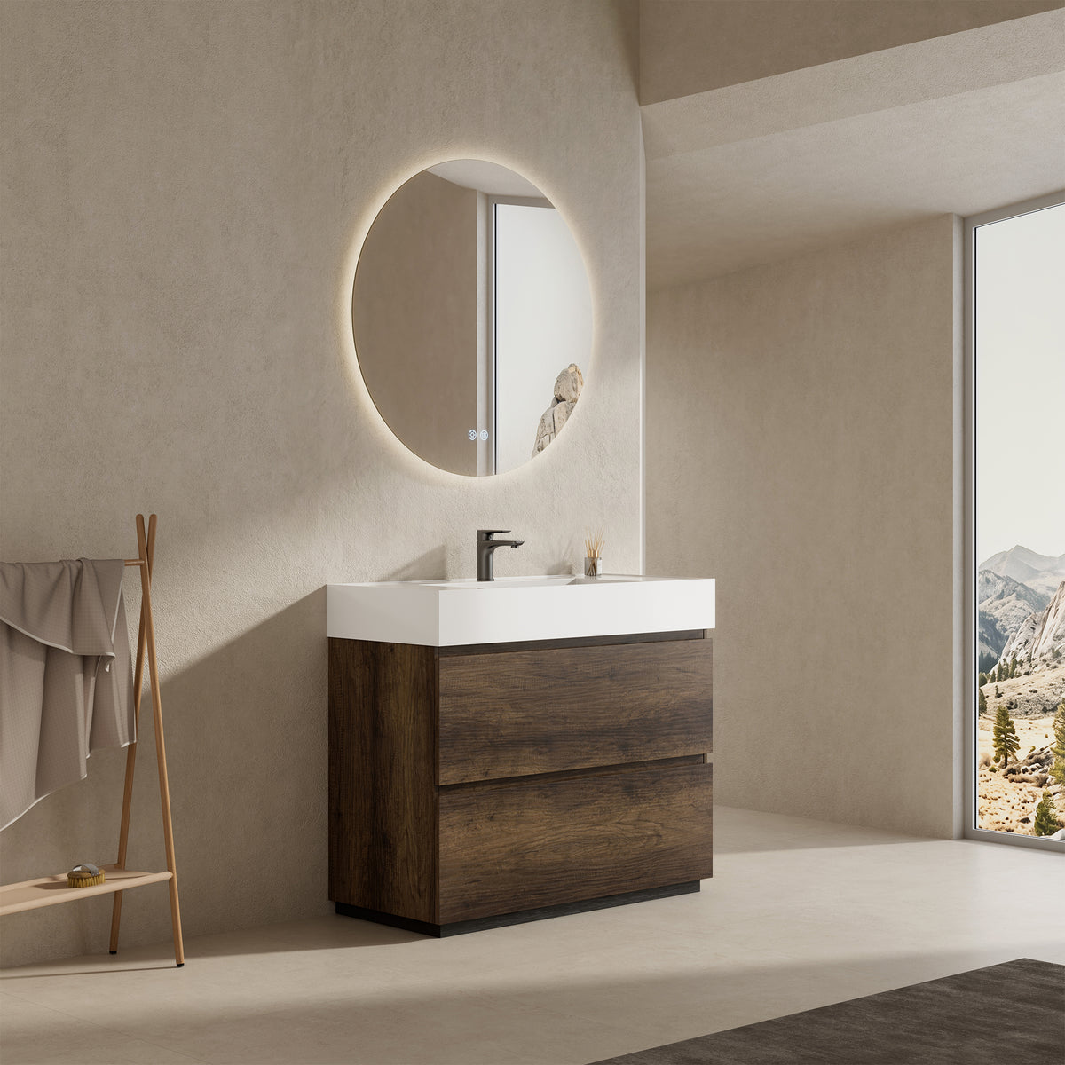 Mobile bagno a Terra 80 cm Bruno Scuro Lavabo in Resina Specchio Quadro - Nube Wood