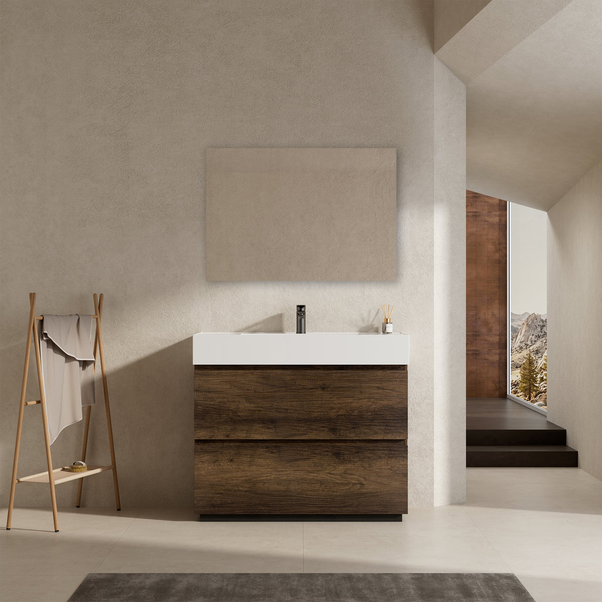 Mobile bagno a Terra 80 cm Bruno Scuro Lavabo in Resina Specchio Tondo Retroilluminato - Nube Wood