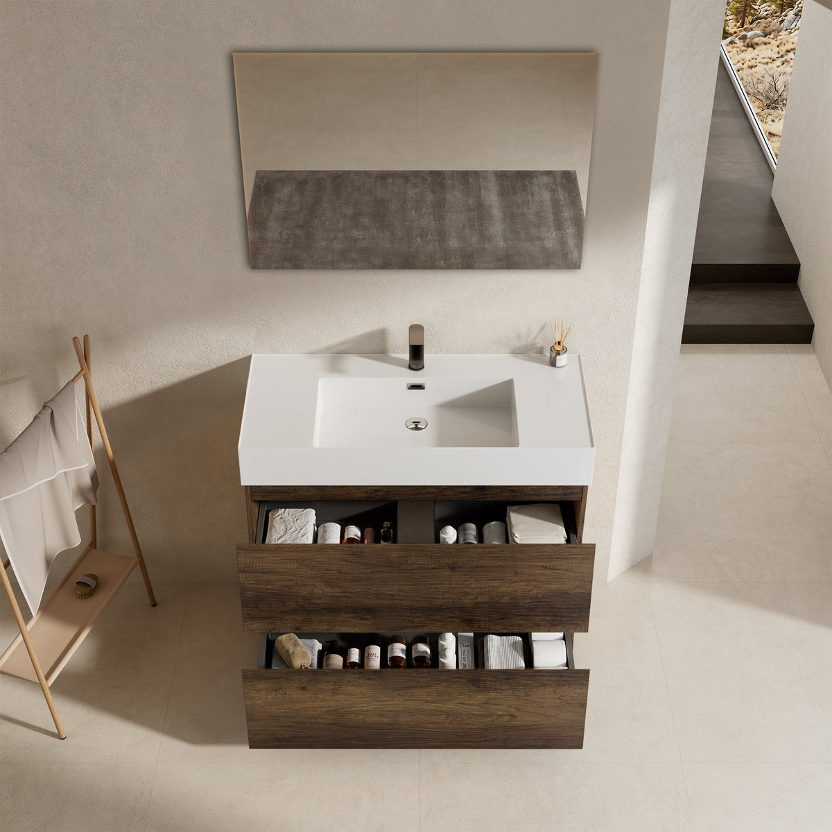 Mobile bagno a Terra 80 cm Bruno Scuro Lavabo in Resina Specchio Tondo Retroilluminato - Nube Wood