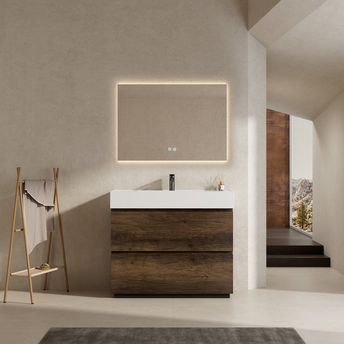 Mobile bagno a Terra 100 cm Bruno Scuro Lavabo in Resina Specchio Quadro Retroilluminato - Nube Wood