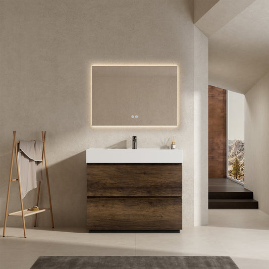Mobile bagno a Terra 100 cm Bruno Scuro Lavabo in Resina Specchio Quadro Retroilluminato - Nube Wood