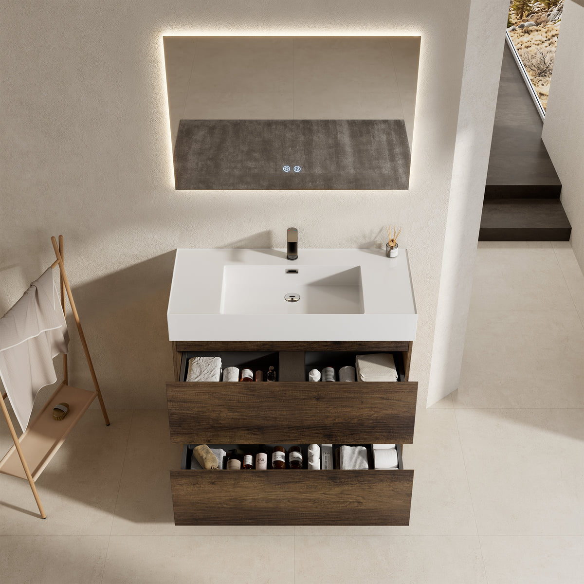 Mobile bagno a Terra 100 cm Bruno Scuro Lavabo in Resina Specchio Quadro Retroilluminato - Nube Wood