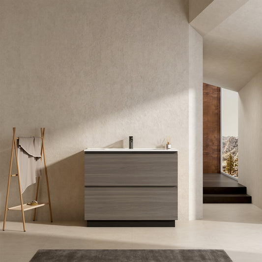 Mobile bagno a Terra 100 cm Grigio Lavabo in Ceramica Senza Specchio - Nube Wood
