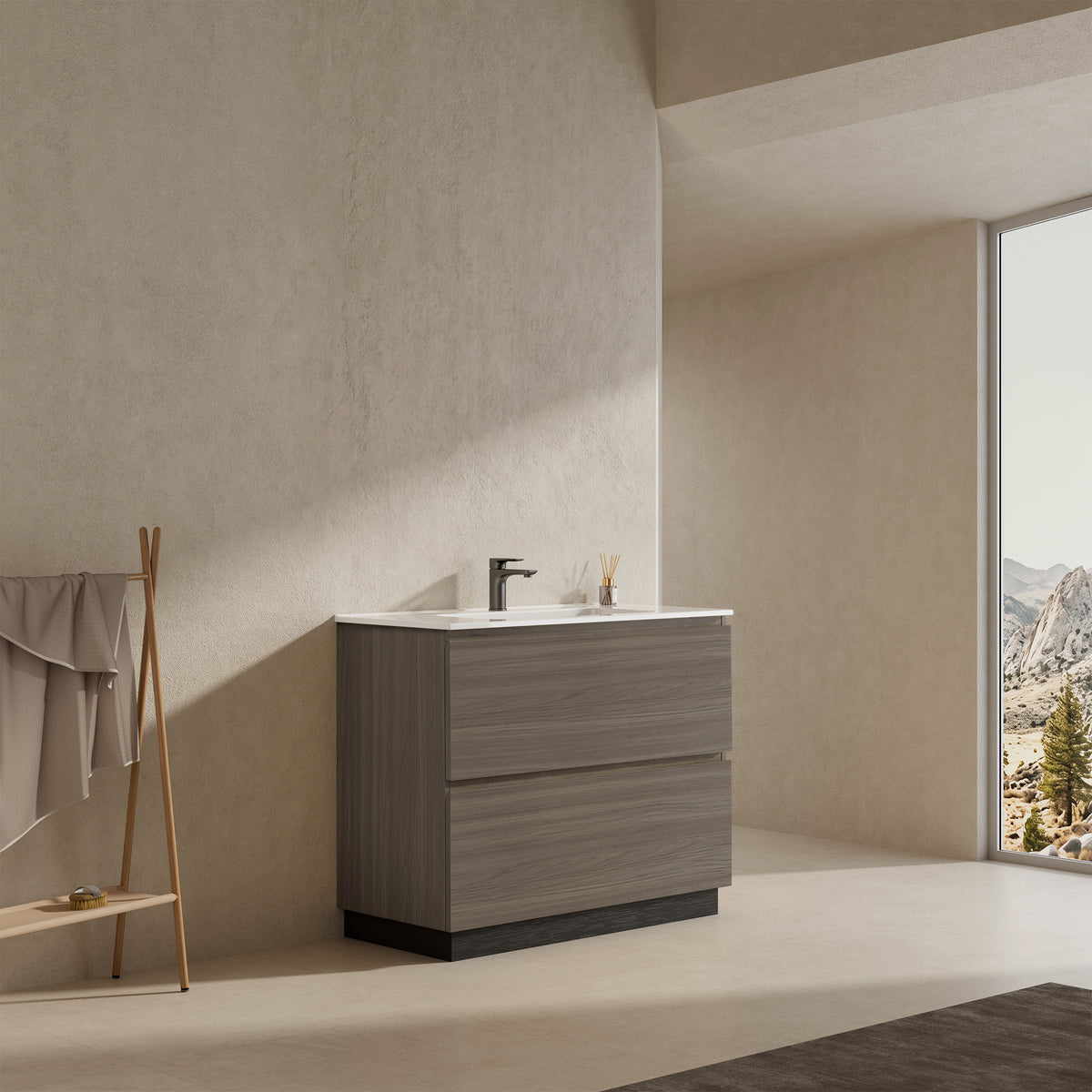 Mobile bagno a Terra 100 cm Grigio Lavabo in Ceramica Senza Specchio - Nube Wood