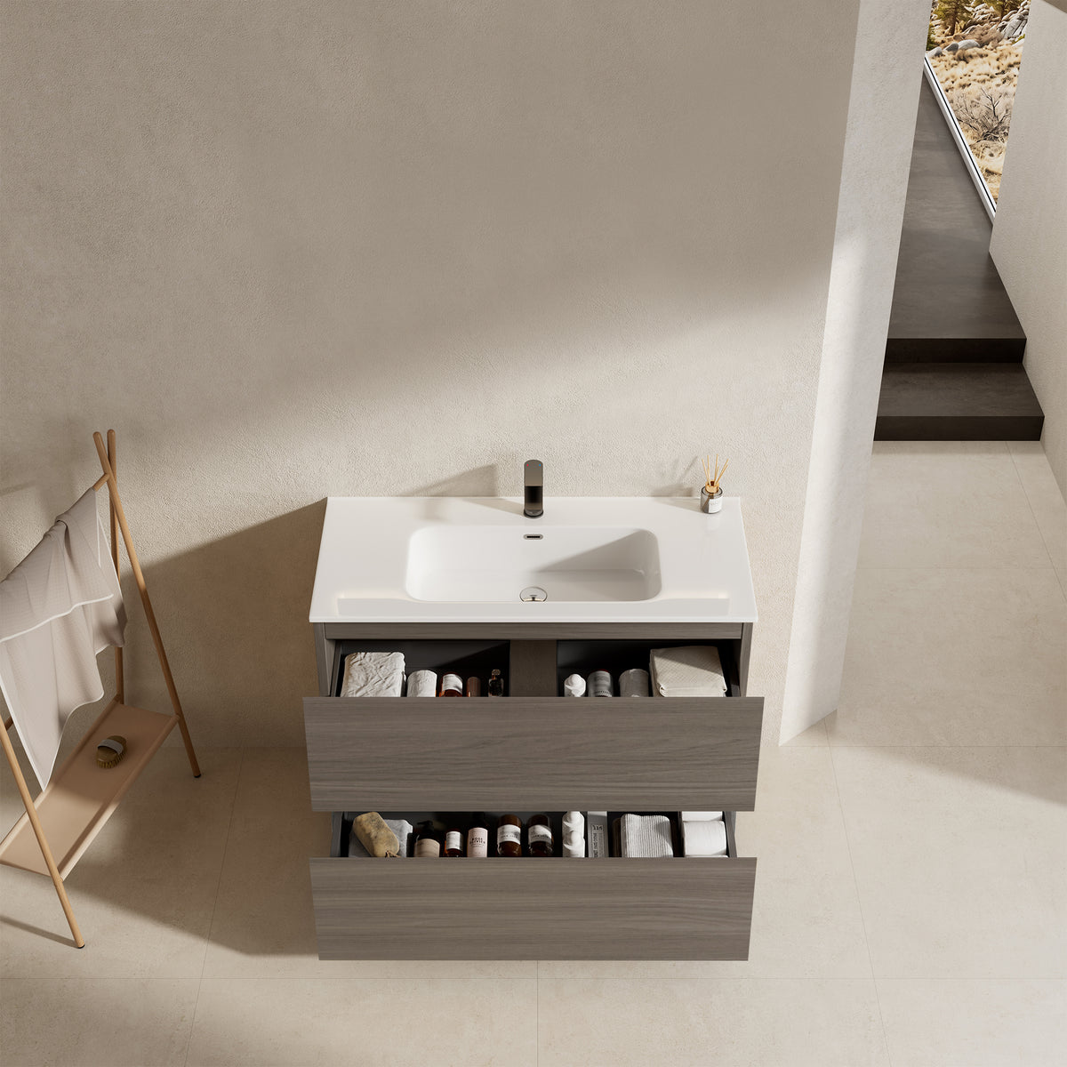 Mobile bagno a Terra 100 cm Grigio Lavabo in Ceramica Senza Specchio - Nube Wood