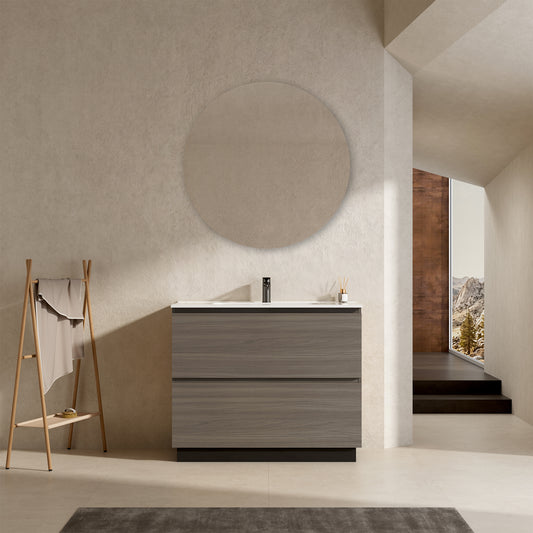 Mobile bagno a Terra 100 cm Grigio Lavabo in Ceramica Specchio Tondo - Nube Wood