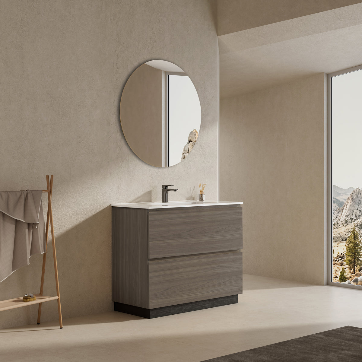 Mobile bagno a Terra 80 cm Grigio Lavabo in Ceramica Specchio Tondo - Nube Wood