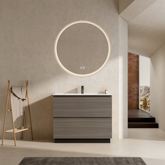 Mobile bagno a Terra 100 cm Grigio Lavabo in Ceramica Specchio Quadro - Nube Wood