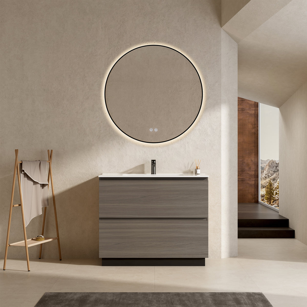 Mobile bagno a Terra 100 cm Grigio Lavabo in Ceramica Specchio Tondo Retroilluminato Profilo Nero - Nube Wood