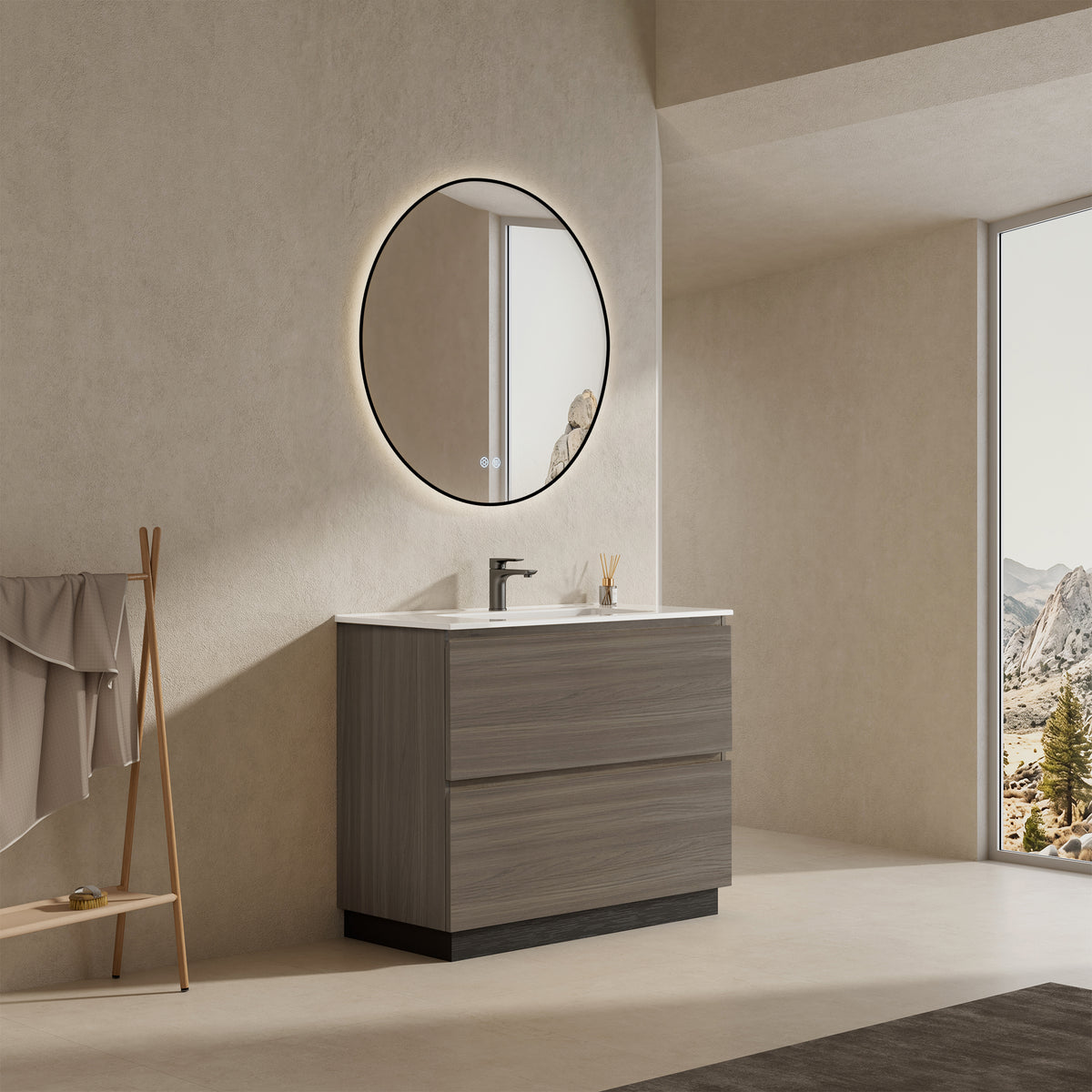 Mobile bagno a Terra 100 cm Grigio Lavabo in Ceramica Specchio Tondo Retroilluminato Profilo Nero - Nube Wood