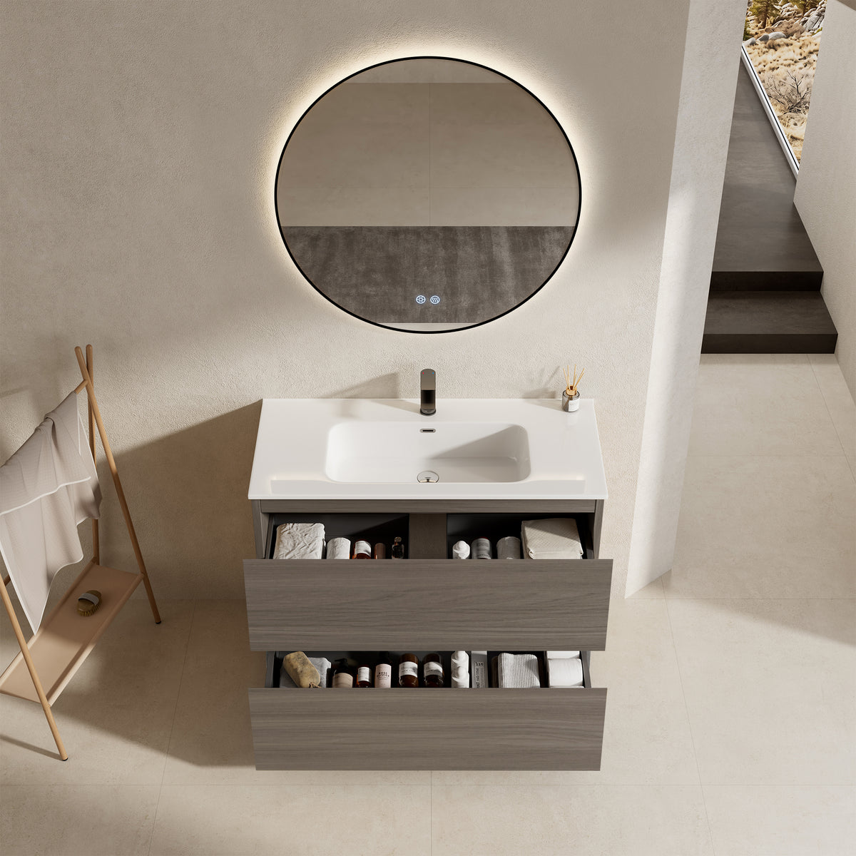 Mobile bagno a Terra 100 cm Grigio Lavabo in Ceramica Specchio Tondo Retroilluminato Profilo Nero - Nube Wood