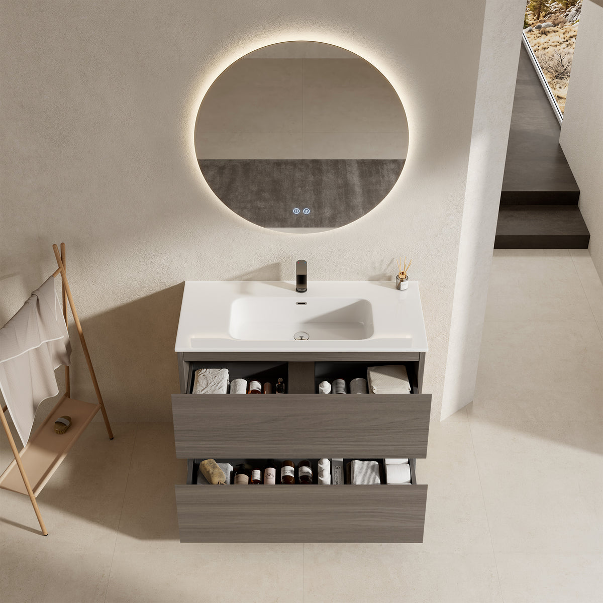 Mobile bagno a Terra 80 cm Grigio Lavabo in Ceramica Specchio Quadro - Nube Wood