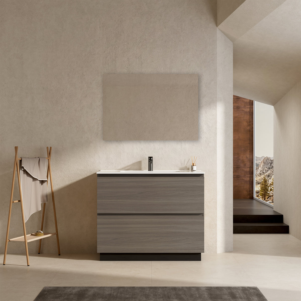 Mobile bagno a Terra 80 cm Grigio Lavabo in Ceramica Specchio Tondo Retroilluminato - Nube Wood