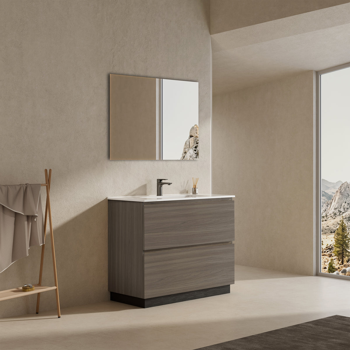 Mobile bagno a Terra 80 cm Grigio Lavabo in Ceramica Specchio Tondo Retroilluminato - Nube Wood