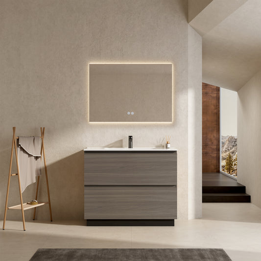 Mobile bagno a Terra 100 cm Grigio Lavabo in Ceramica Specchio Quadro Retroilluminato - Nube Wood