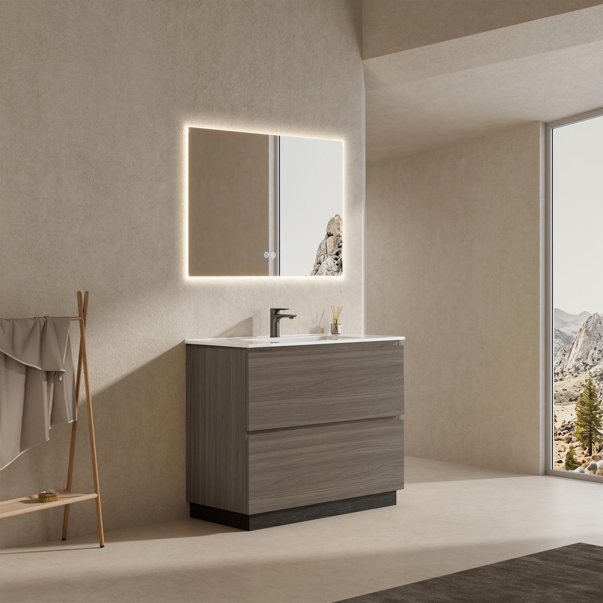 Mobile bagno a Terra 80 cm Grigio Lavabo in Ceramica Specchio Quadro Retroilluminato - Nube Wood