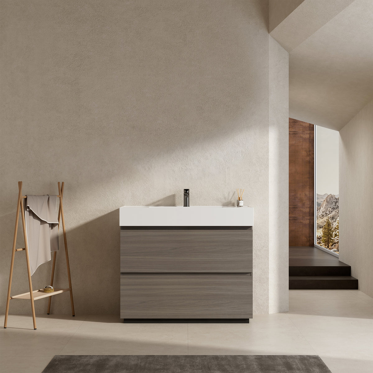 Mobile bagno a Terra 100 cm Grigio Lavabo in Resina Senza Specchio - Nube Wood