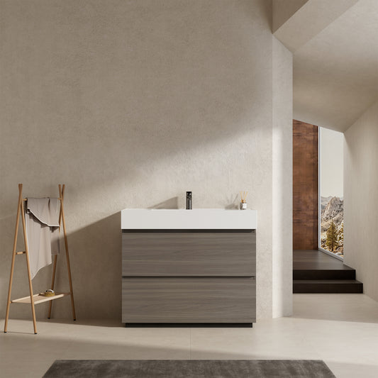 Mobile bagno a Terra 100 cm Grigio Lavabo in Resina Senza Specchio - Nube Wood