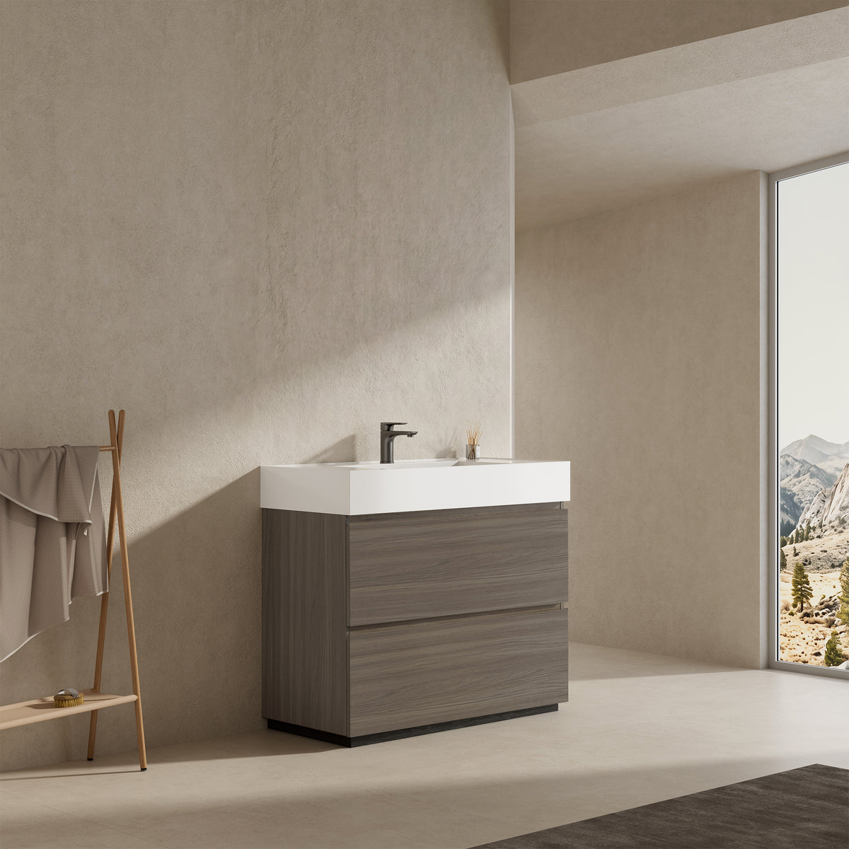 Mobile bagno a Terra 100 cm Grigio Lavabo in Resina Senza Specchio - Nube Wood
