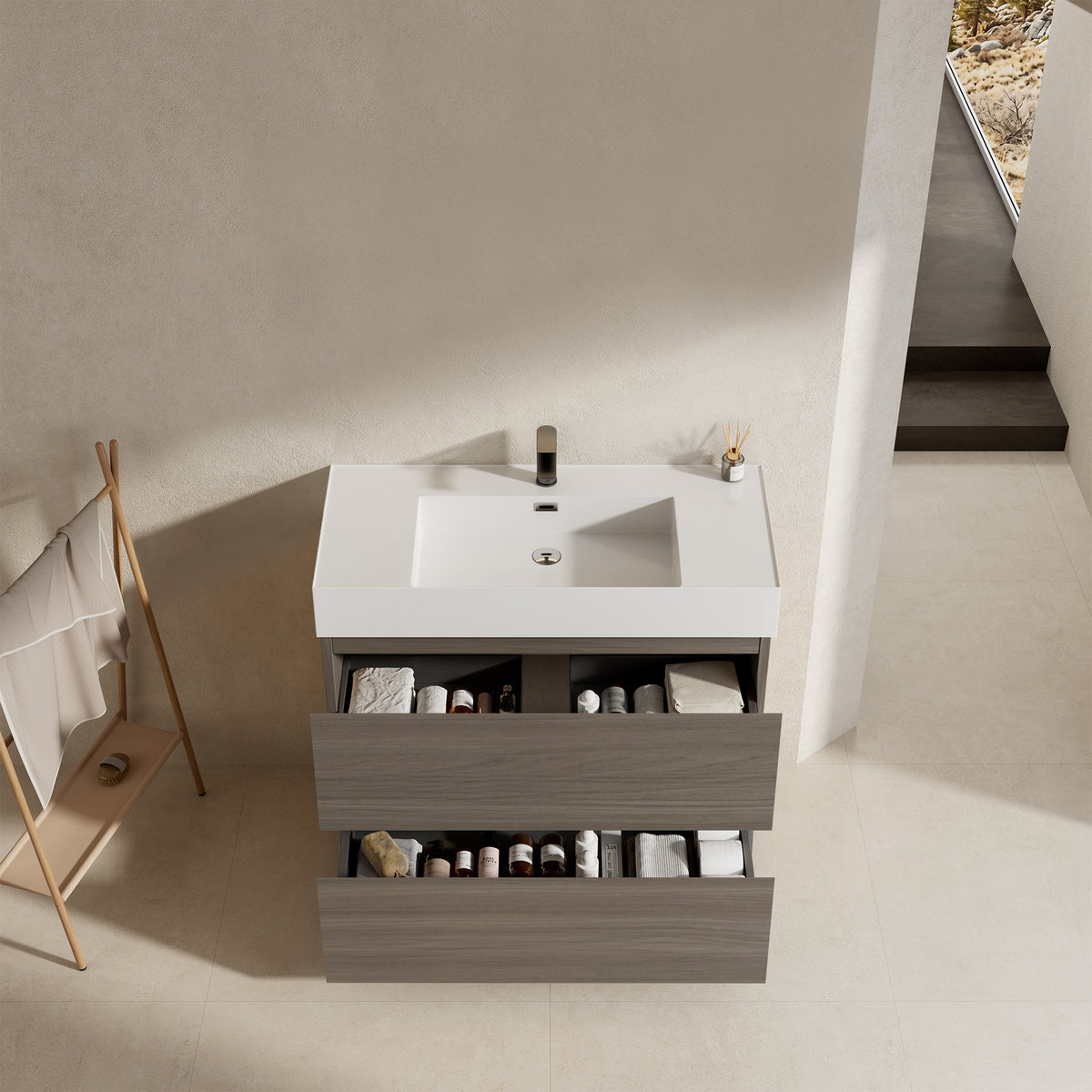 Mobile bagno a Terra 100 cm Grigio Lavabo in Resina Senza Specchio - Nube Wood