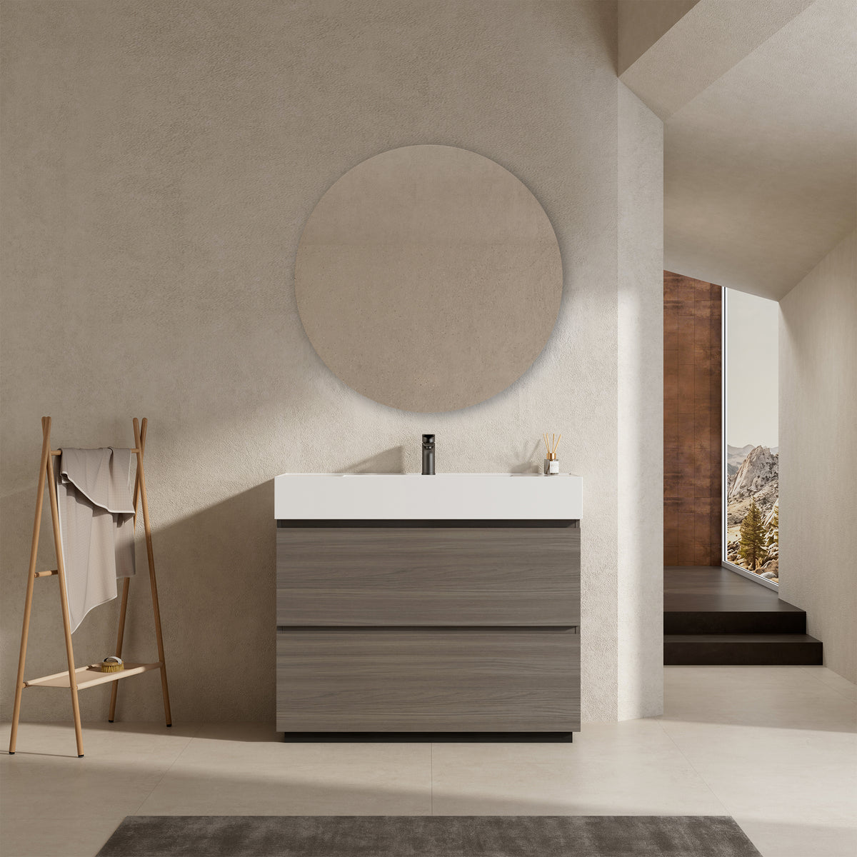 Mobile bagno a Terra 100 cm Grigio Lavabo in Resina Specchio Tondo - Nube Wood