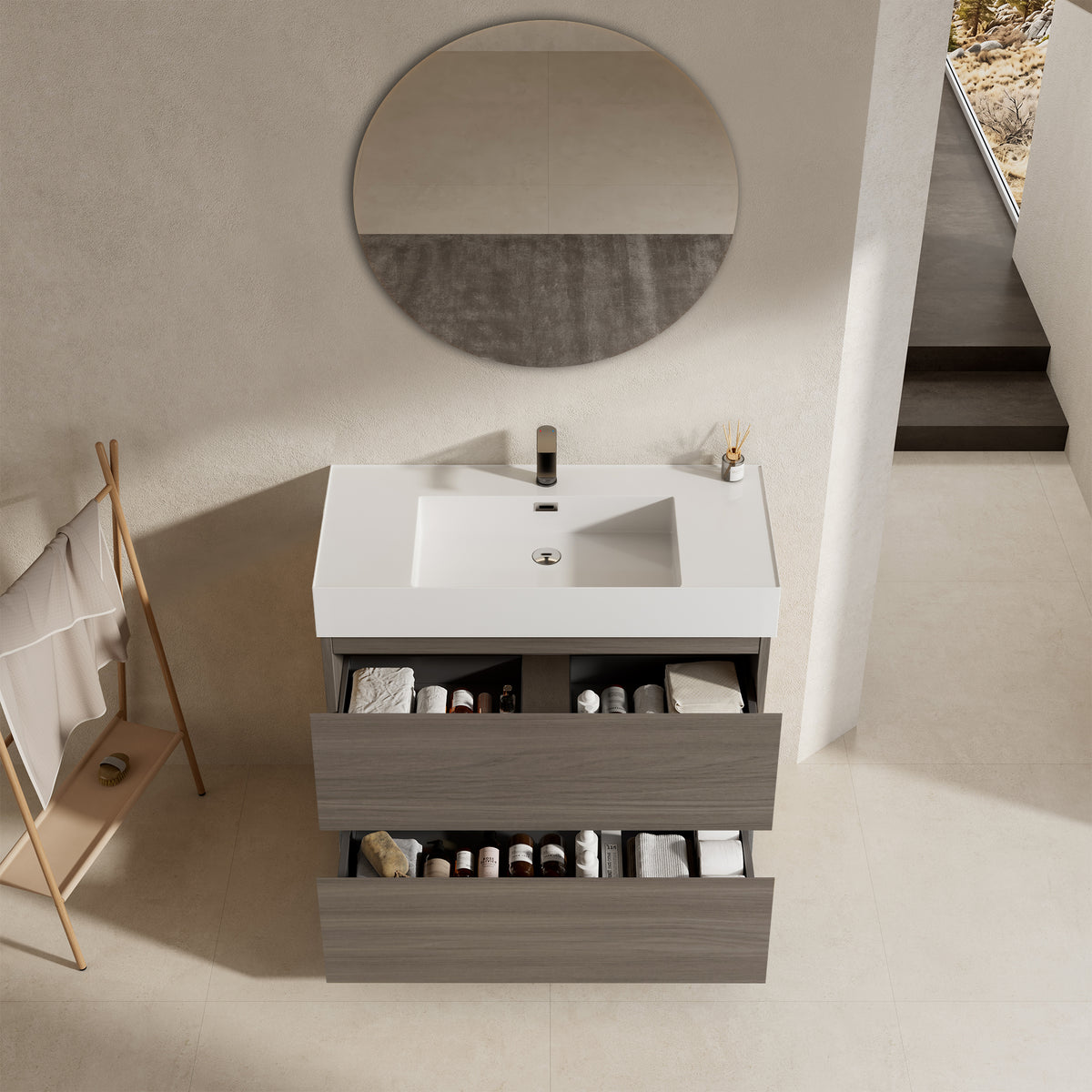Mobile bagno a Terra 100 cm Grigio Lavabo in Resina Specchio Tondo - Nube Wood