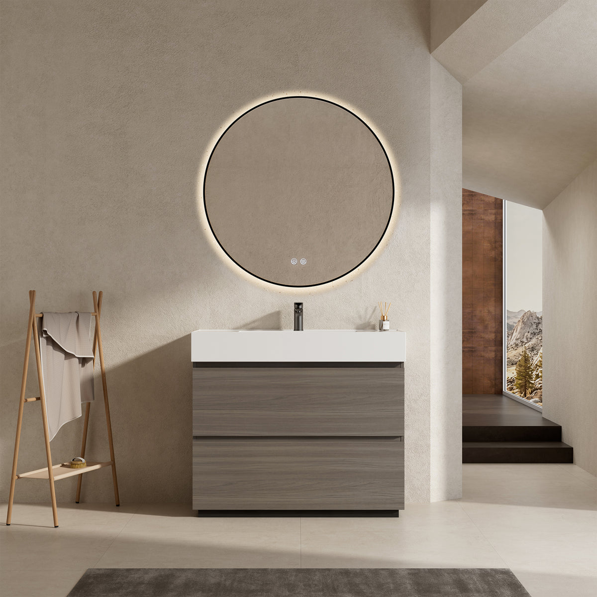 Mobile bagno a Terra 80 cm Grigio Lavabo in Resina Specchio Tondo Retroilluminato Profilo Nero - Nube Wood