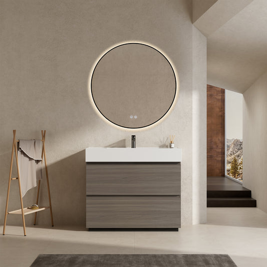 Mobile bagno a Terra 100 cm Grigio Lavabo in Resina Specchio Tondo Retroilluminato Profilo Nero - Nube Wood