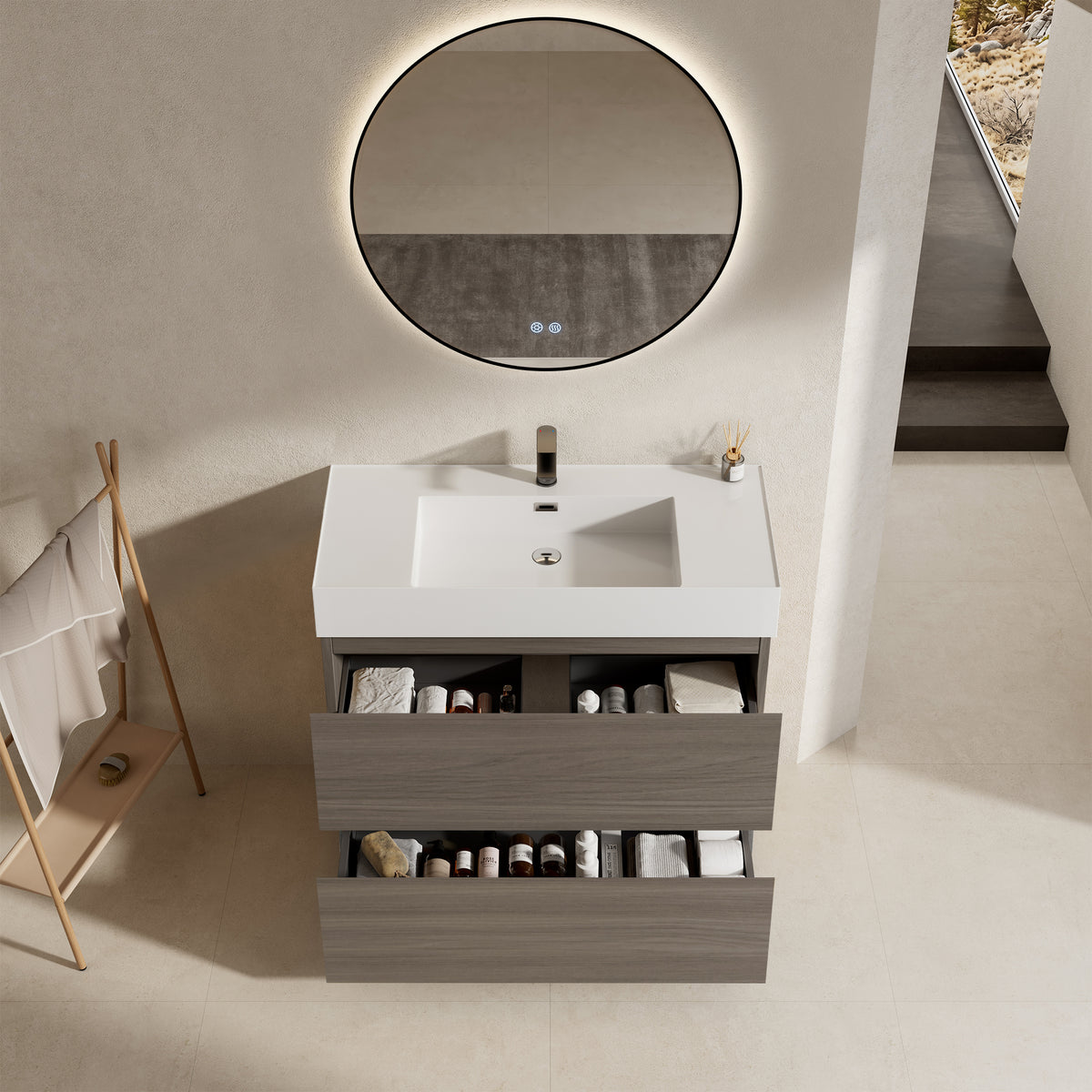 Mobile bagno a Terra 80 cm Grigio Lavabo in Resina Specchio Tondo Retroilluminato Profilo Nero - Nube Wood