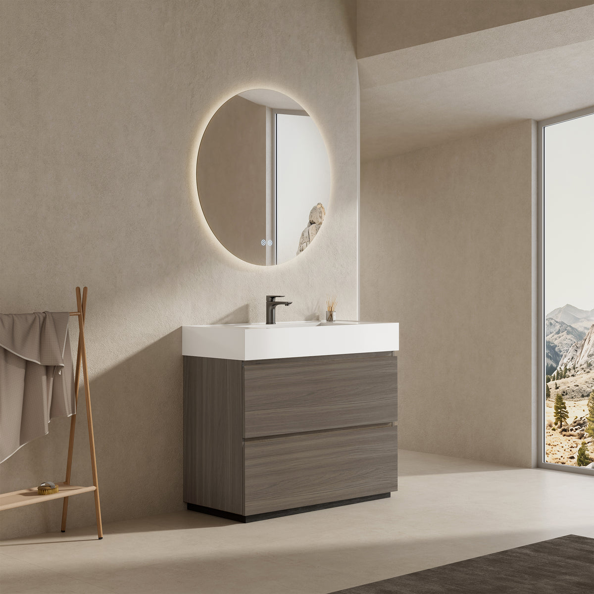 Mobile bagno a Terra 100 cm Grigio Lavabo in Resina Specchio Quadro - Nube Wood