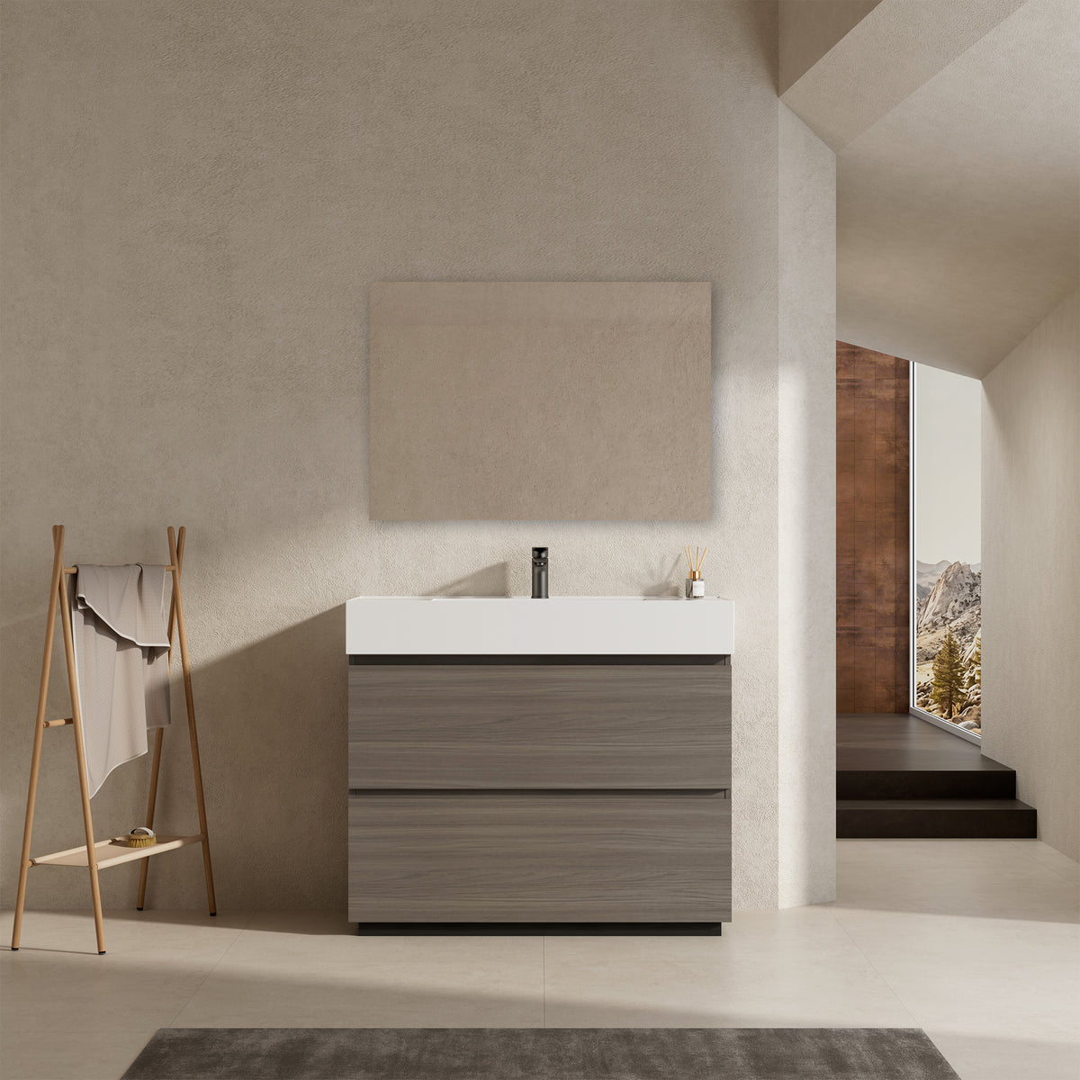 Mobile bagno a Terra 100 cm Grigio Lavabo in Resina Specchio Tondo Retroilluminato - Nube Wood