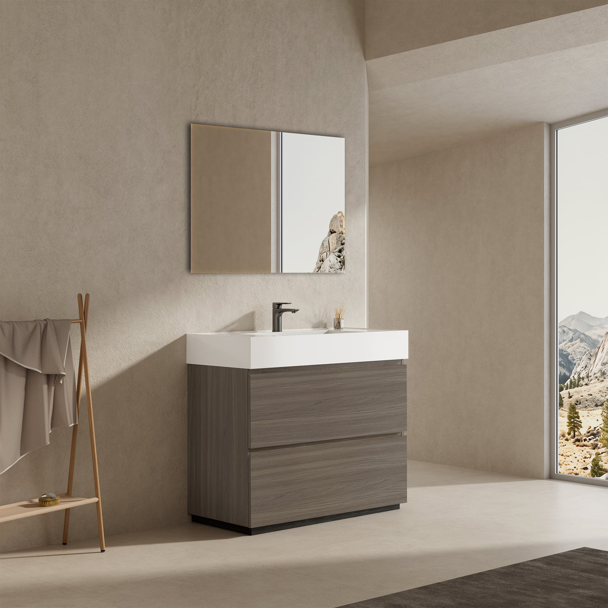 Mobile bagno a Terra 100 cm Grigio Lavabo in Resina Specchio Tondo Retroilluminato - Nube Wood