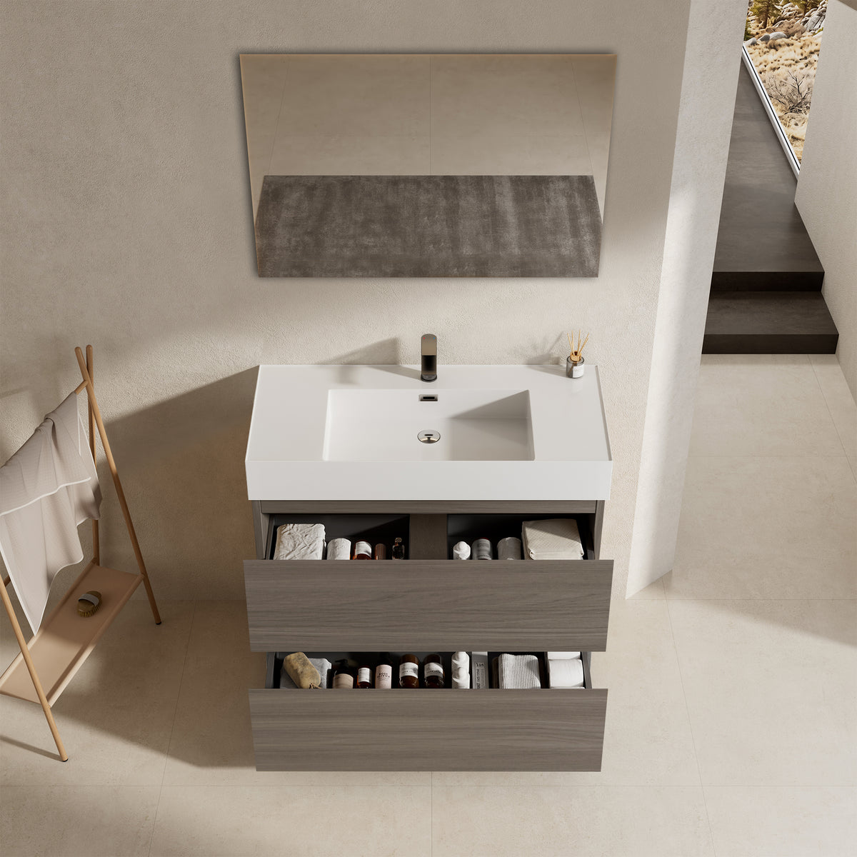 Mobile bagno a Terra 100 cm Grigio Lavabo in Resina Specchio Tondo Retroilluminato - Nube Wood