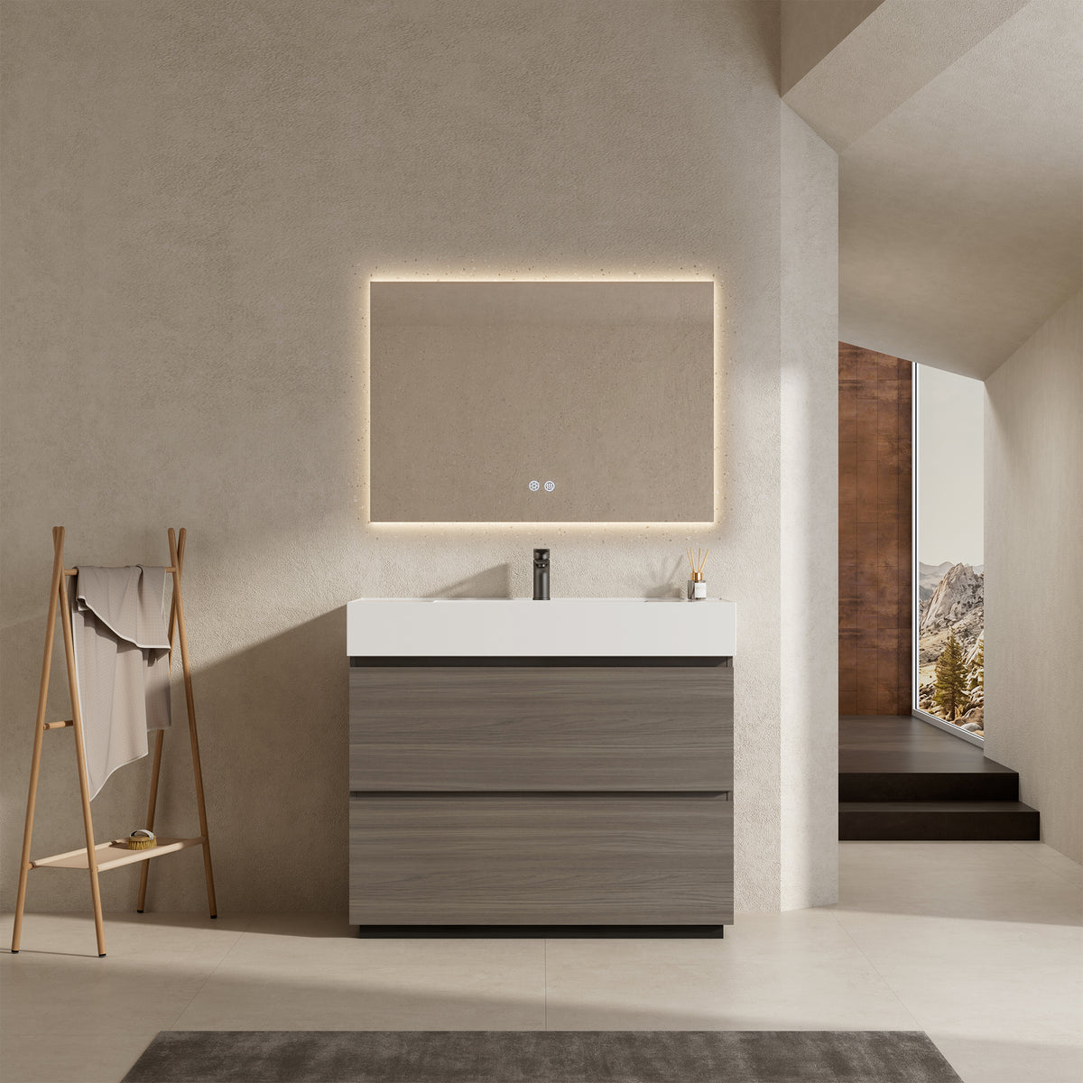Mobile bagno a Terra 100 cm Grigio Lavabo in Resina Specchio Quadro Retroilluminato - Nube Wood