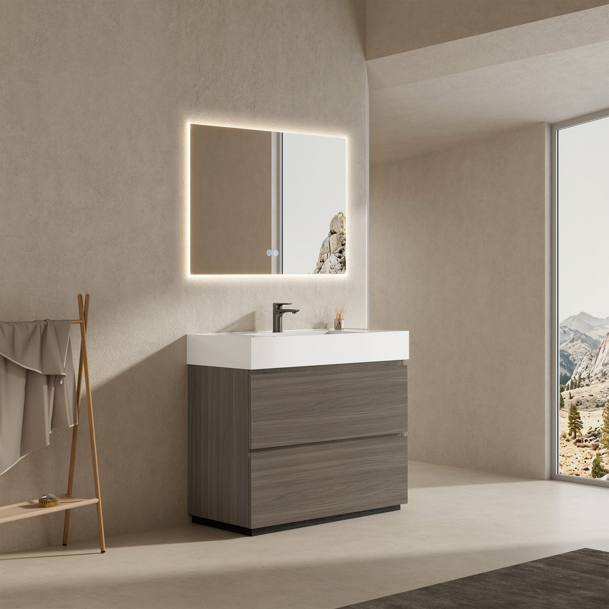 Mobile bagno a Terra 100 cm Grigio Lavabo in Resina Specchio Quadro Retroilluminato - Nube Wood