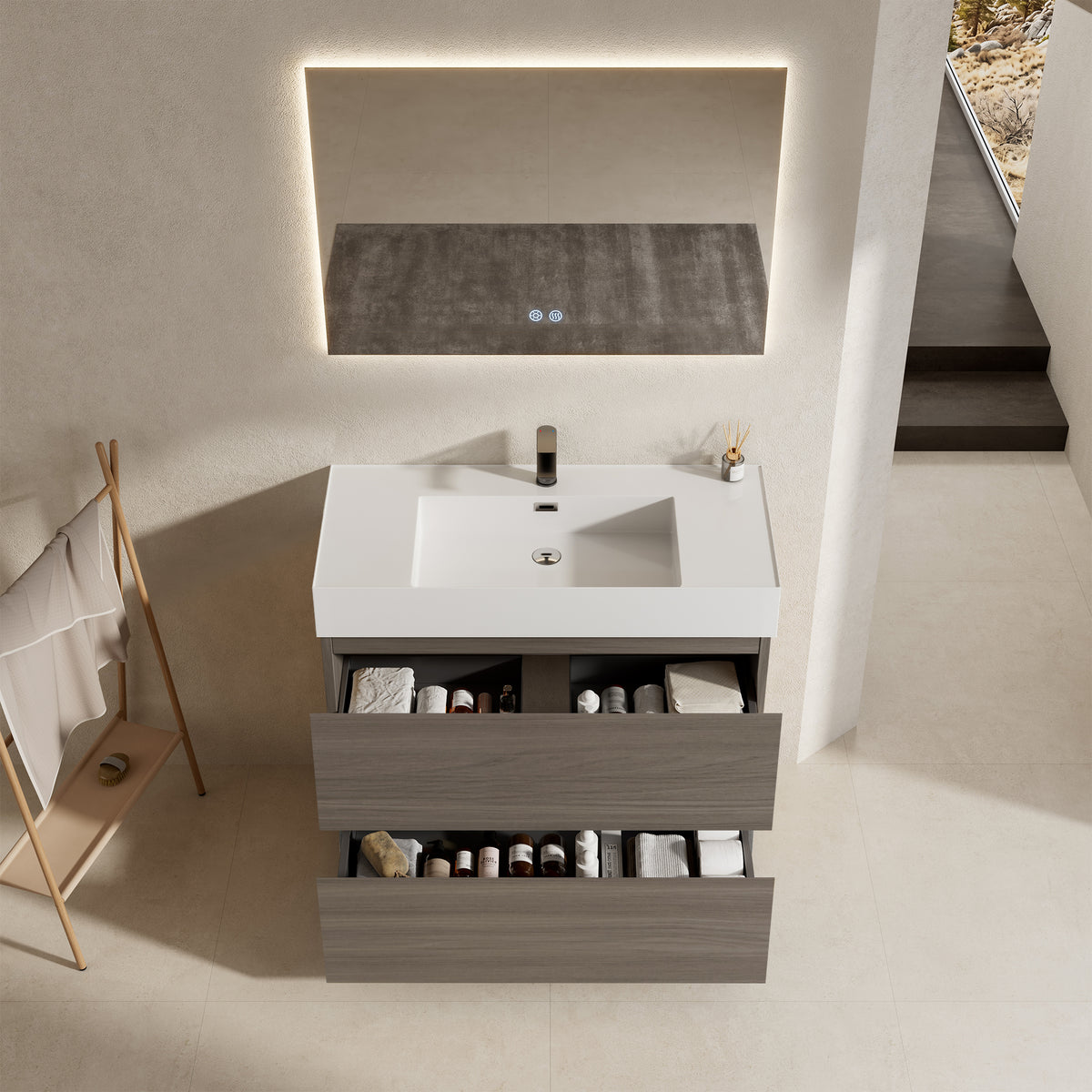 Mobile bagno a Terra 100 cm Grigio Lavabo in Resina Specchio Quadro Retroilluminato - Nube Wood