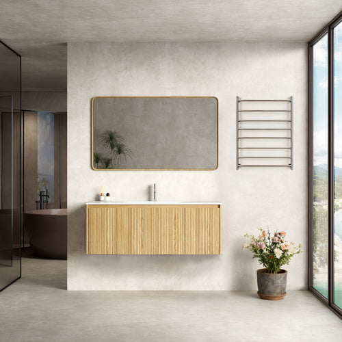 Mobile Bagno 120 cm Sospeso Rovere Chiaro Specchio con Cornice - Pace in un moderno bagno minimalista.