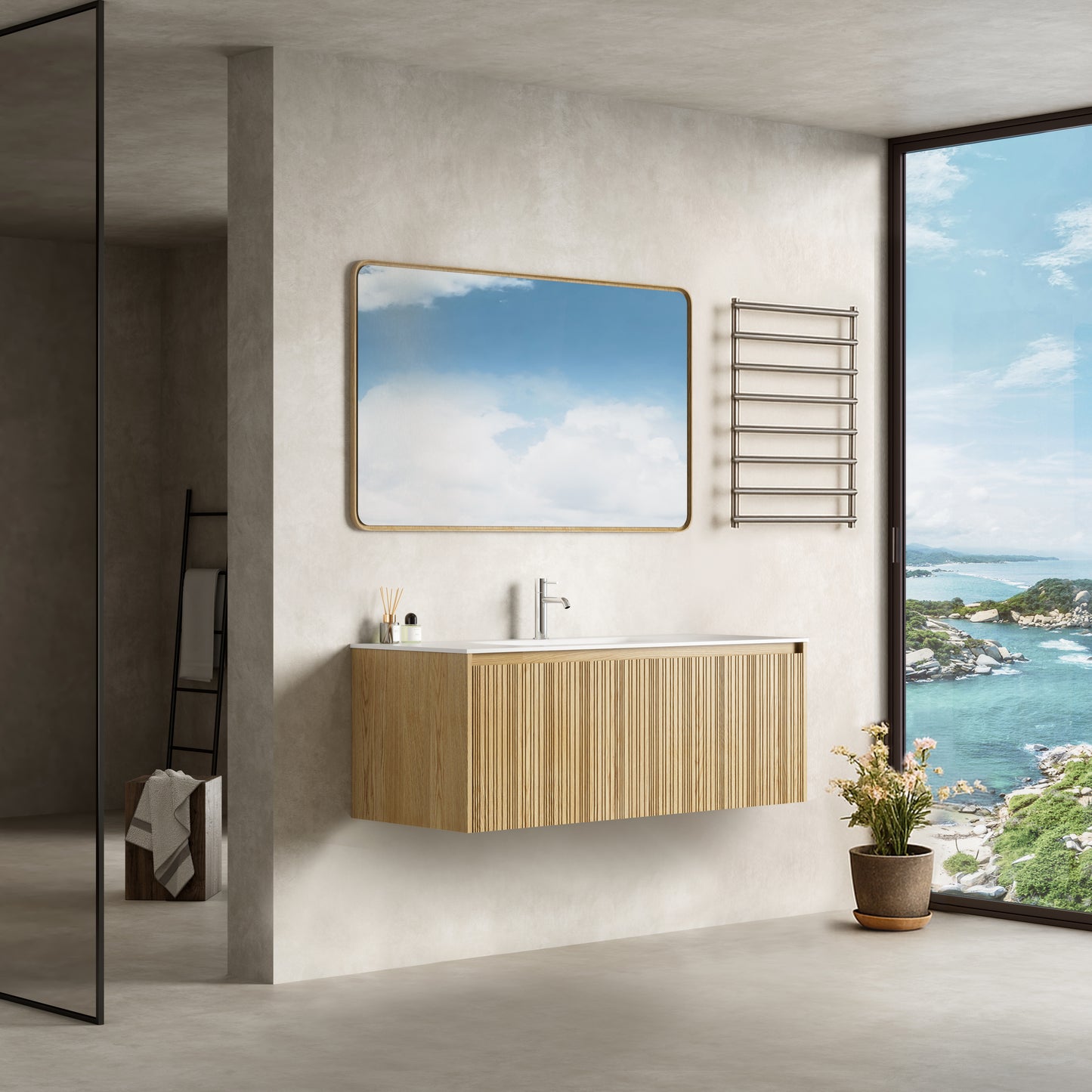 Mobile Bagno 120 cm Sospeso Rovere Chiaro Specchio con Cornice - Pace
