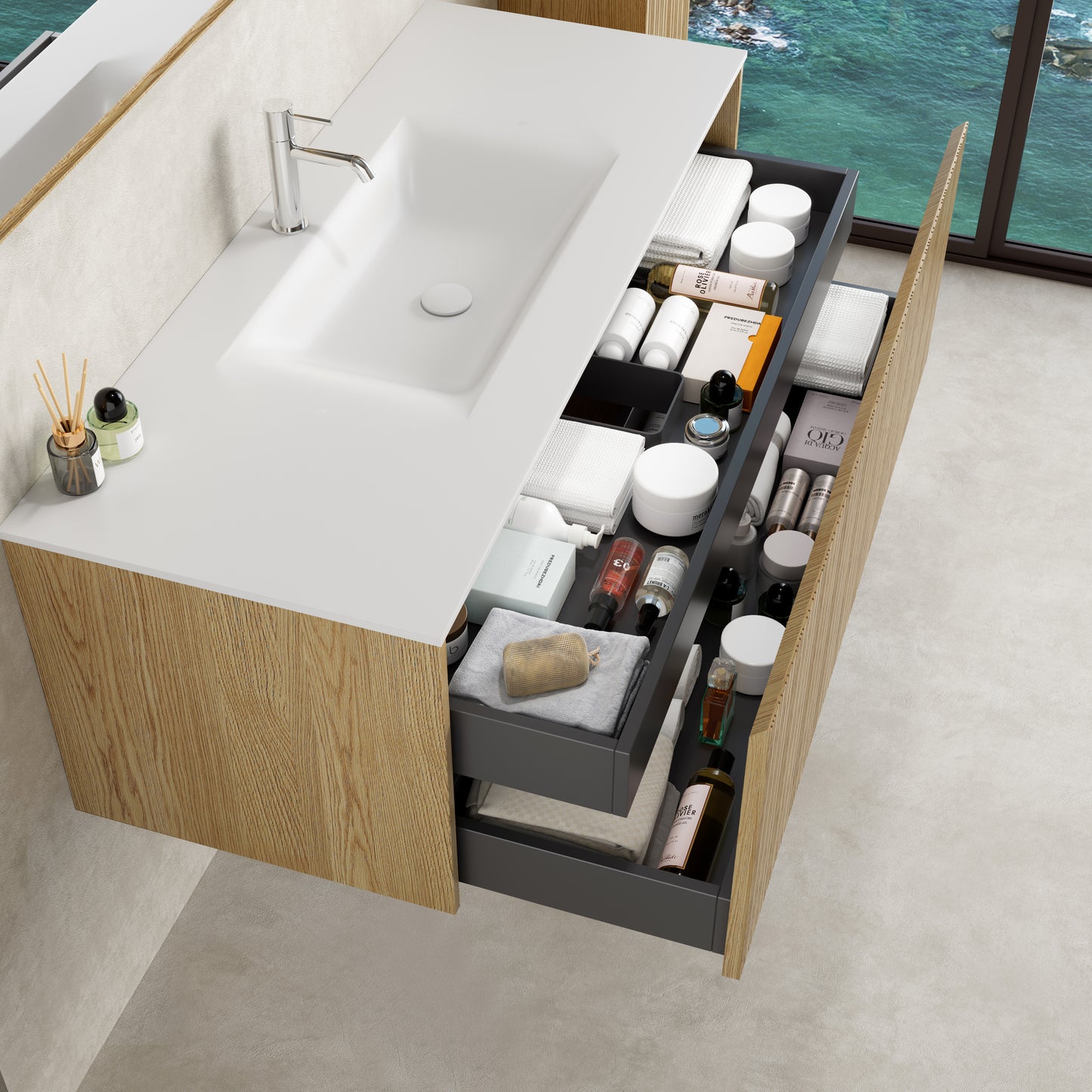 Mobile Bagno 120 cm Sospeso Rovere Chiaro Specchio con Cornice - Pace