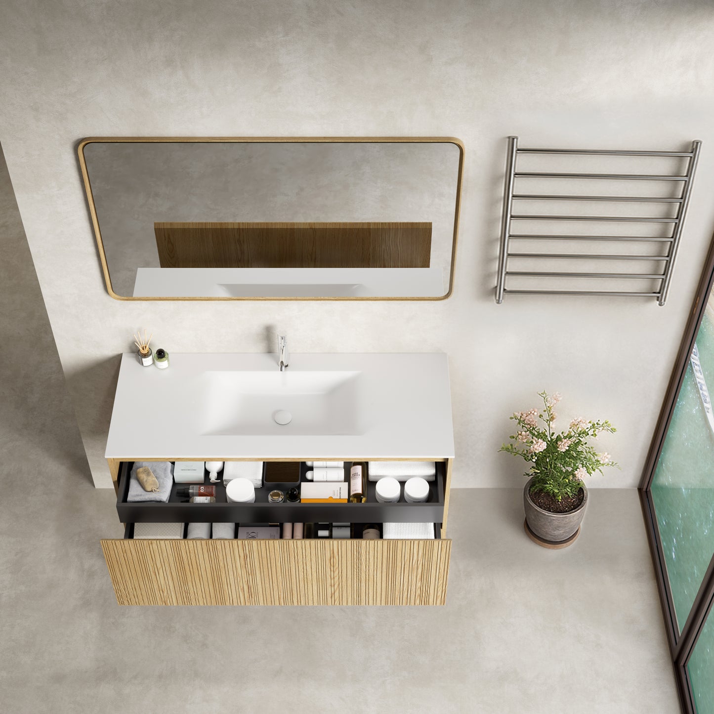 Mobile Bagno 120 cm Sospeso Rovere Chiaro Specchio con Cornice - Pace