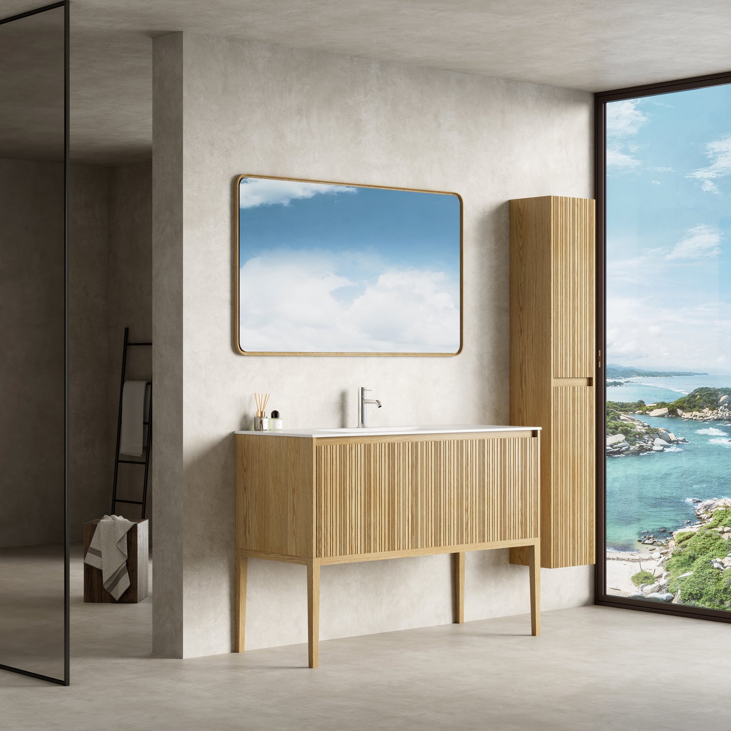 Mobile Bagno 120 cm A Terra Rovere Chiaro Specchio con Cornice - Pace