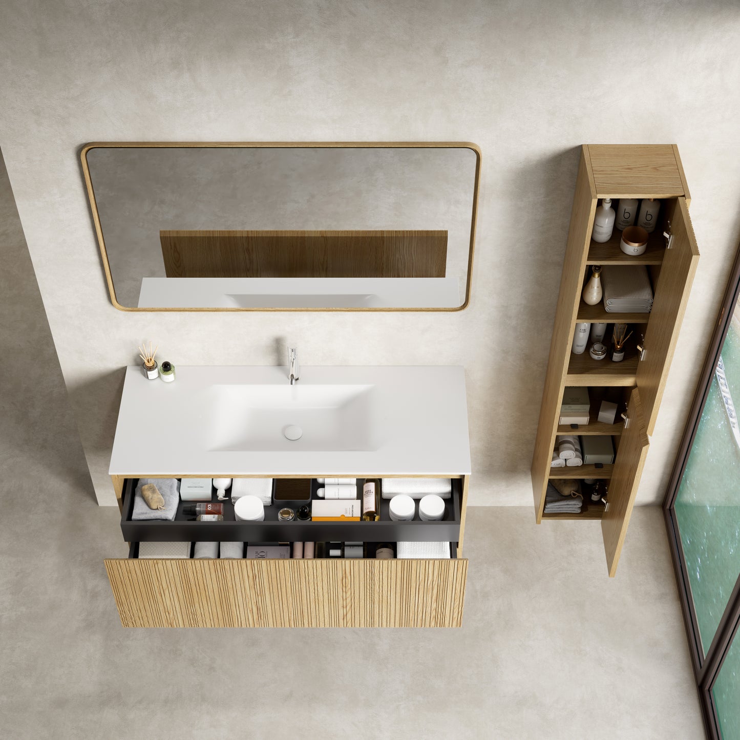 Mobile Bagno 120 cm A Terra Rovere Chiaro Specchio con Cornice - Pace
