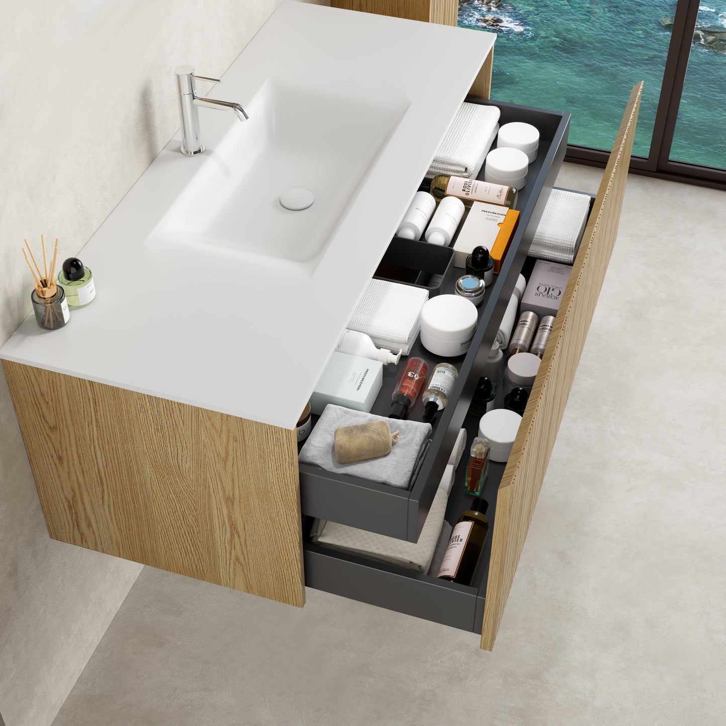 Mobile Bagno 120 cm Sospeso Rovere Chiaro Senza Specchio - Pace con cassetti organizzati e lavabo