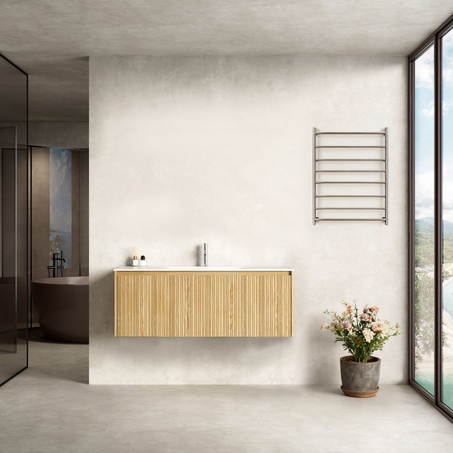 Mobile Bagno 120 cm Sospeso Rovere Chiaro Senza Specchio - Pace in un moderno bagno con vista.